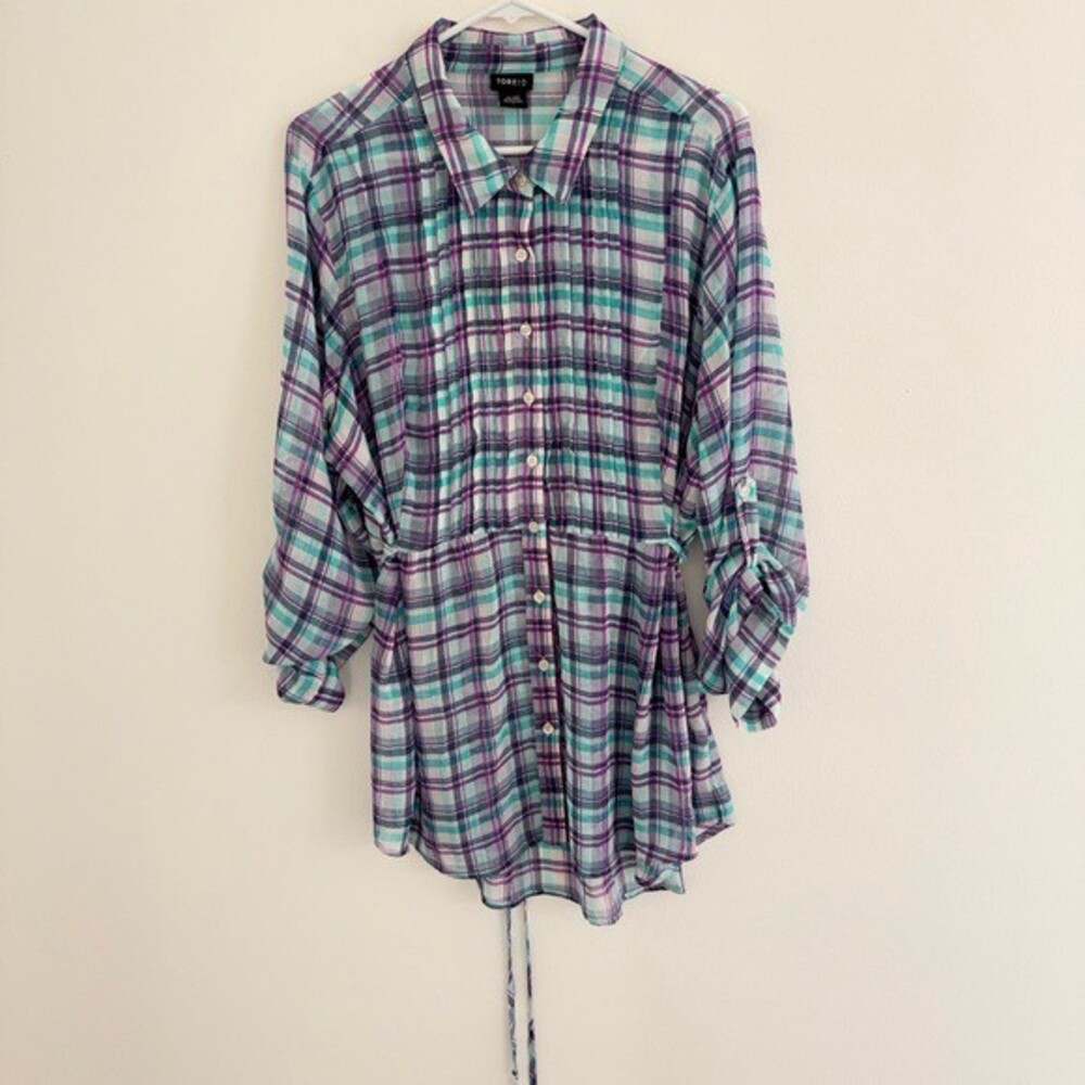Torrid Purple Plaid Checkered Long Sleeve Sheer Tunic 2XL